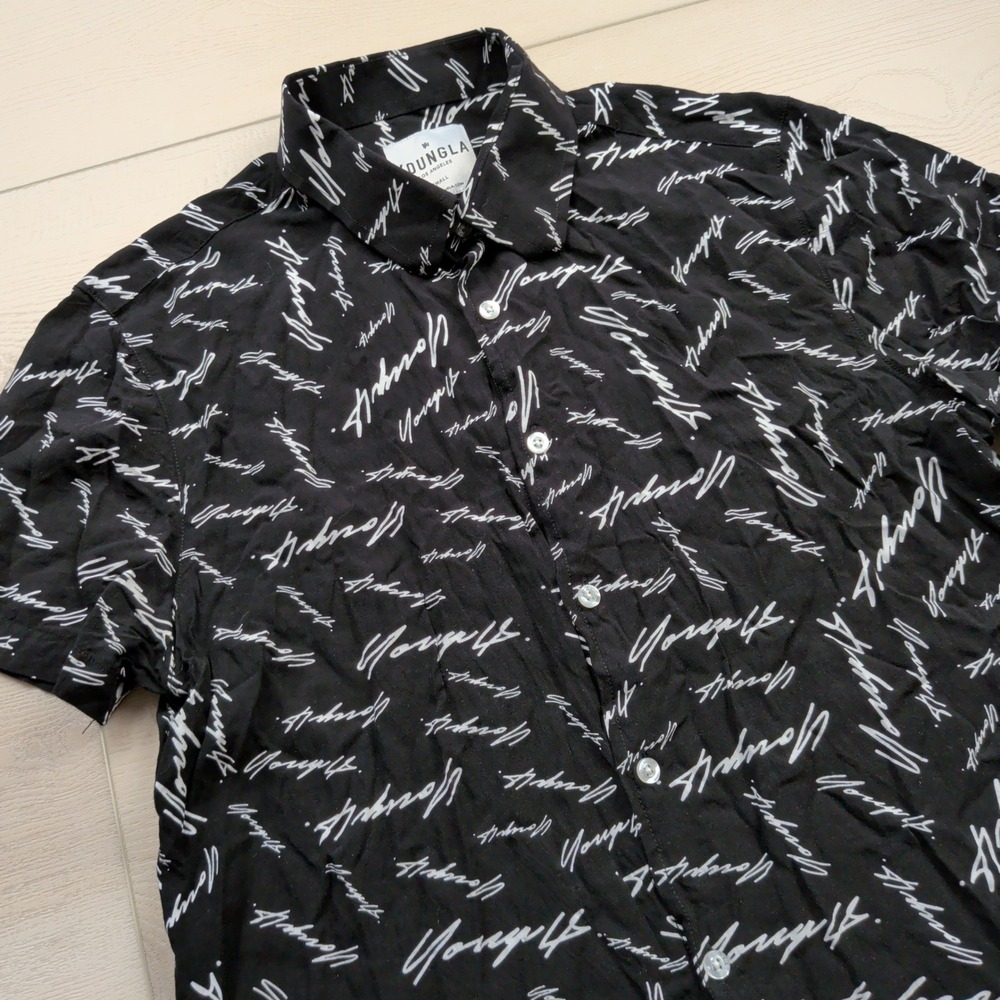 YoungLA Mens Short Sleeve Button Down Shirt Black White Script Print Model 439 S